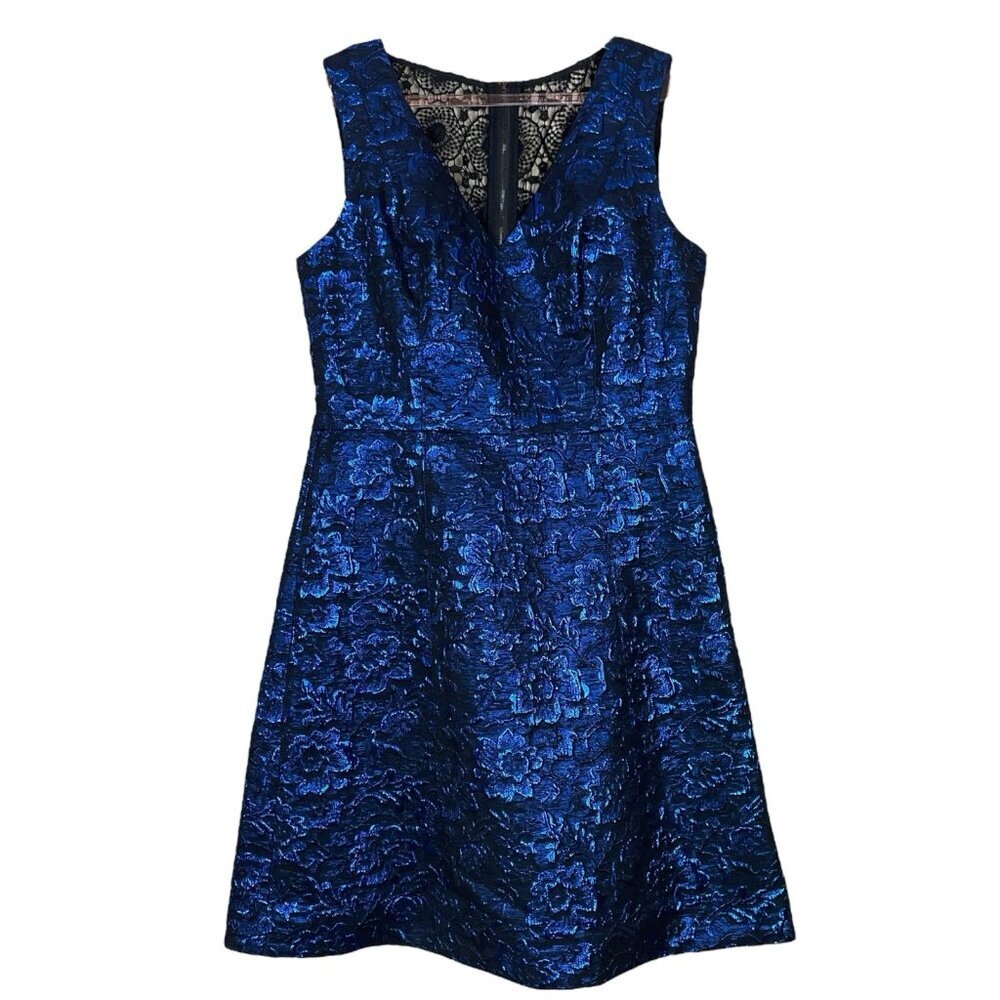 Nicole Miller Floral Metallic Foil Lace Back Cocktail Dress Blue Black Size 10
